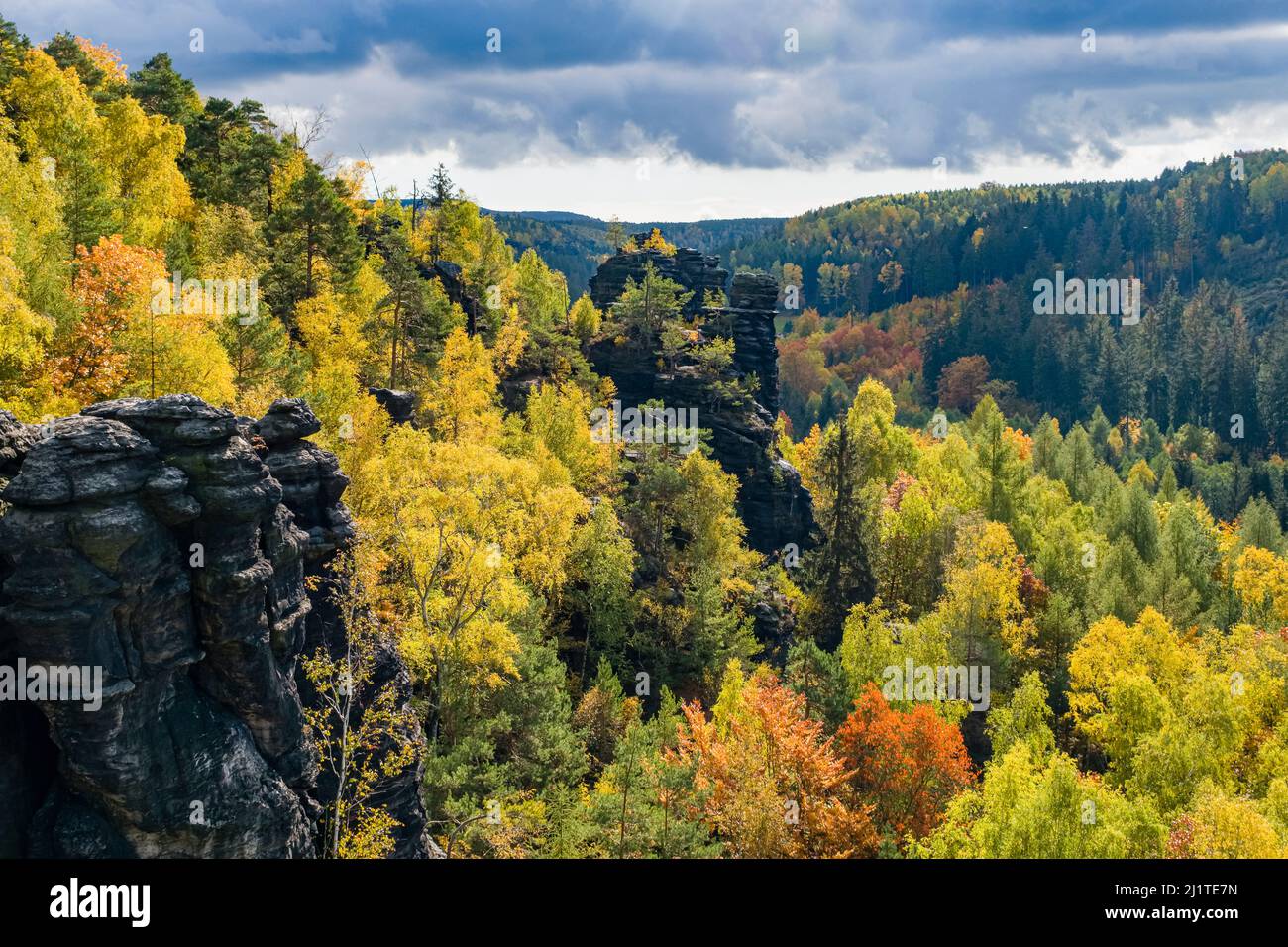 Landscape with rock formations and colorful trees in Bielatal area of the Saxon Switzerland National Park in autumn. Stock Photo