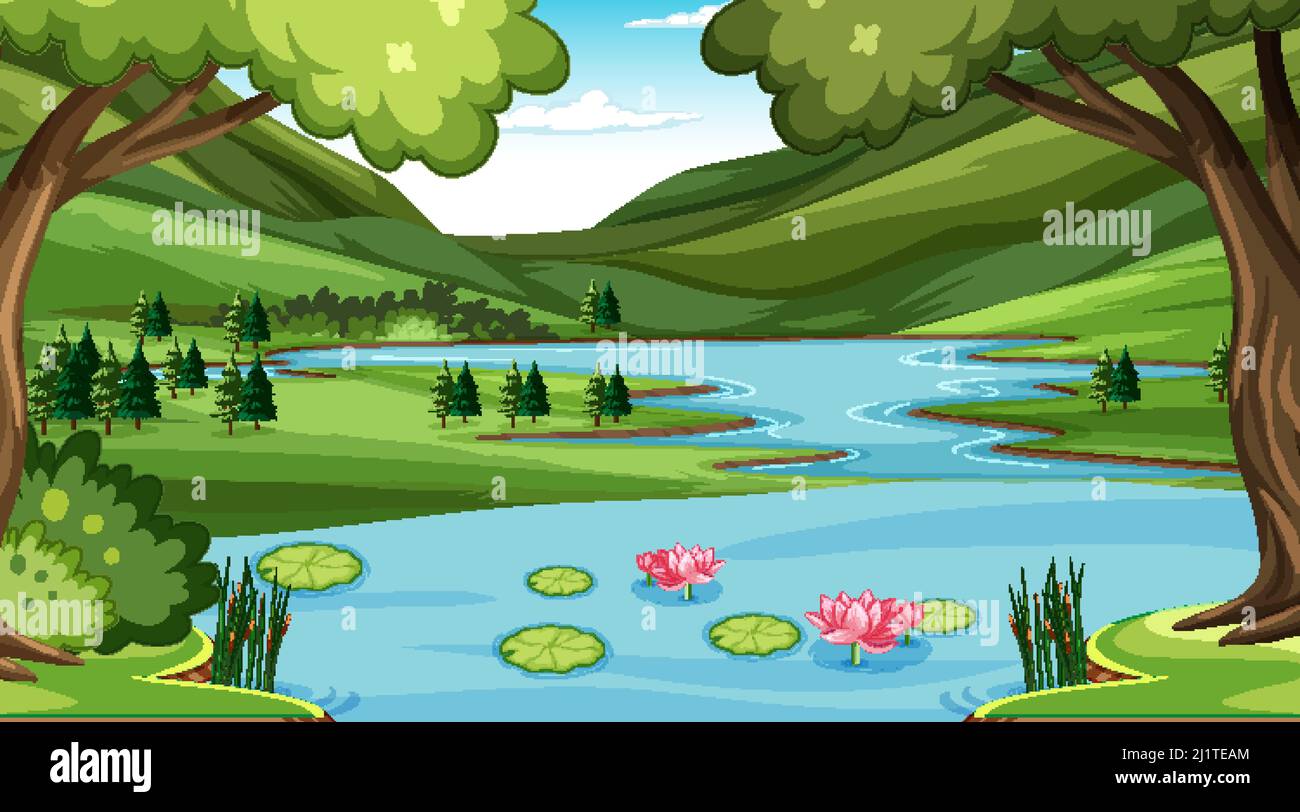 Nature scene with many trees and river illustration Stock Vector Image ...