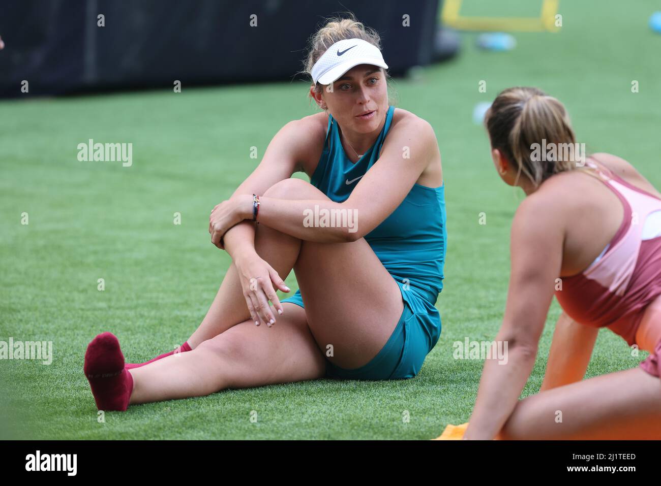 MIAMI GARDENS, FLORIDA - MARCH 27: Belarusian professional tennis player  Aryna Sabalenka and Spanish professional tennis player Paula Badosa during  day 7 of the Miami Open at Hard Rock Stadium on March