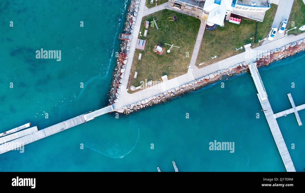 An aerial top view of the port Colborne and Lake Erie in Ontario