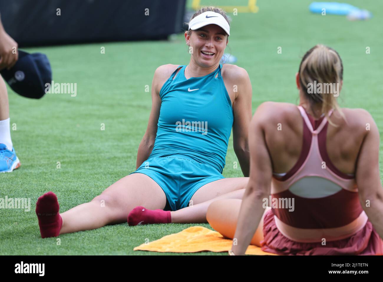 Miami Gardens, Florida, USA. 27th Mar, 2022. Belarusian professional tennis  player Aryna Sabalenka and Spanish professional tennis player Paula Badosa  during day 7 of the Miami Open at Hard Rock Stadium on