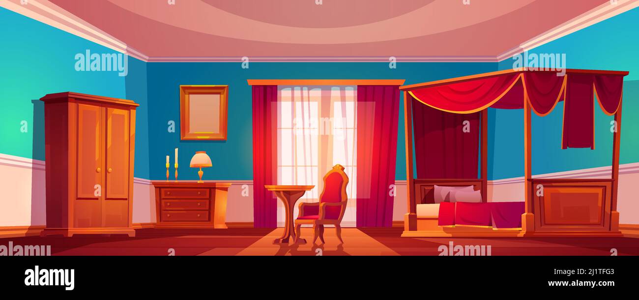 Old luxury bedroom with wooden furniture and red curtains. Vector