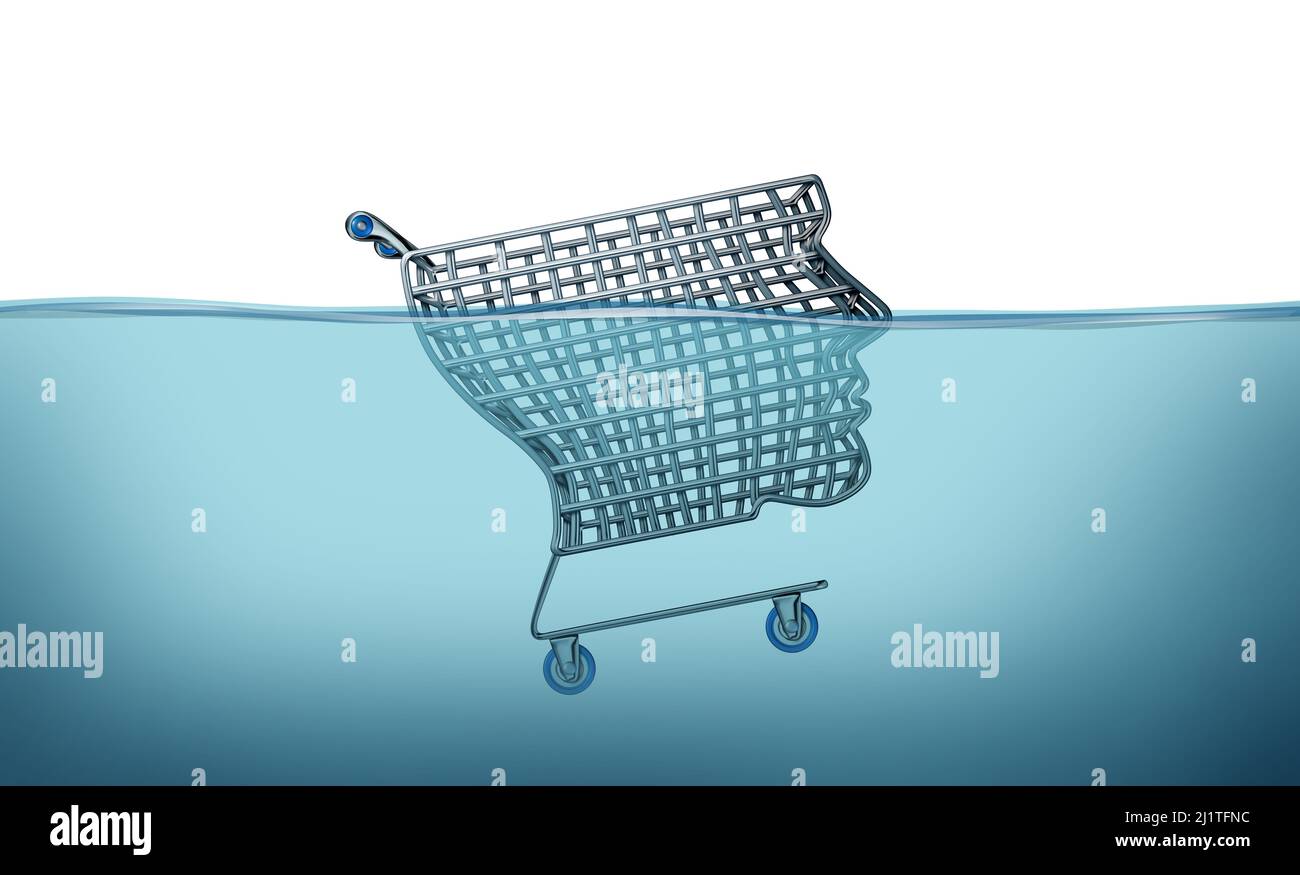 Consumer crisis concept and drowning in debt with a shopping cart shaped as a human head sinking in blue water as a symbol of recession or inflation. Stock Photo
