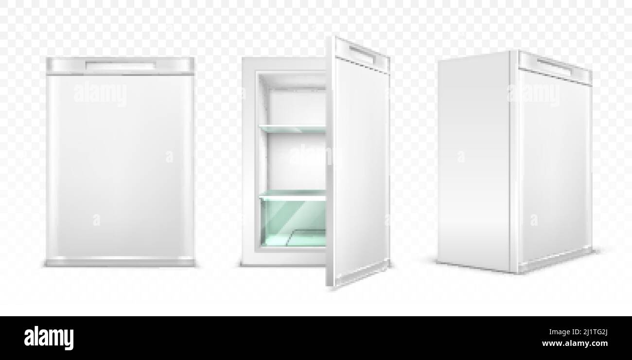 Mini refrigerator, empty white kitchen fridge with close and open door for fresh food or drinks. Realistic 3d vector cooler with glass shelves front a Stock Vector