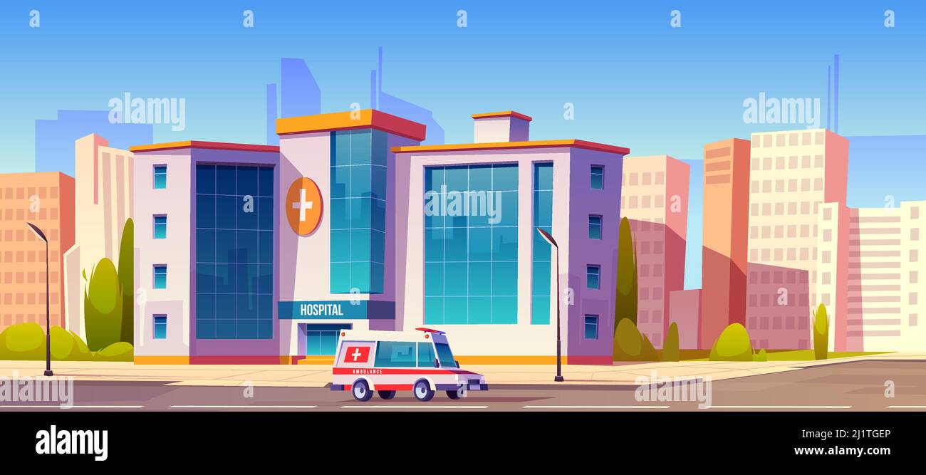 Hospital clinic building with ambulance car truck riding at road and