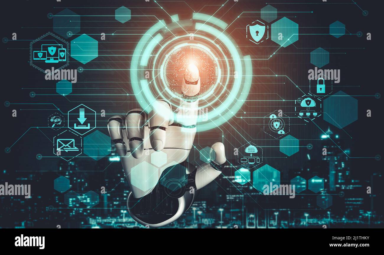 3D rendering artificial intelligence AI research of droid robot and development for