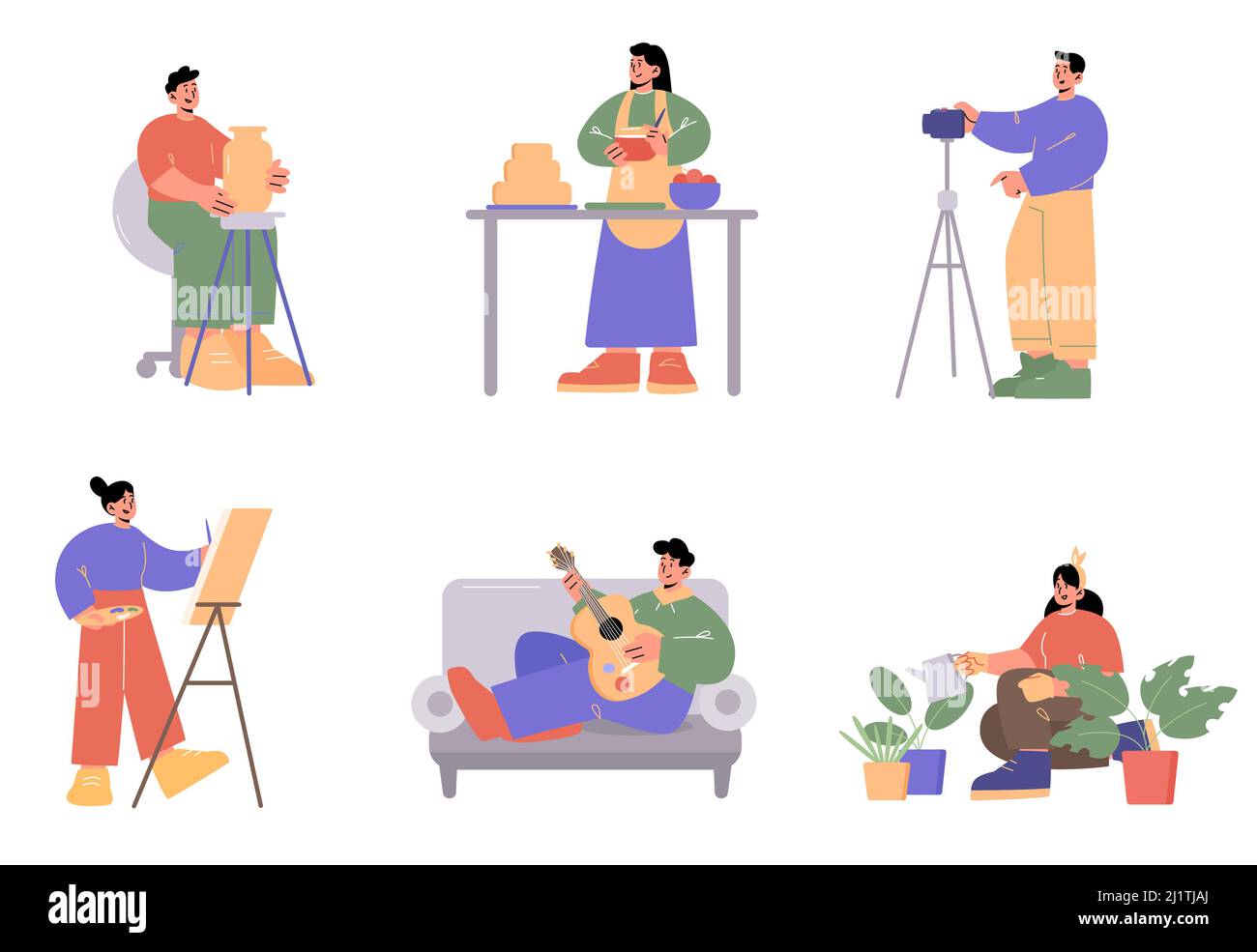 People doing different hobbies, music, cooking, sculpture, painting, making movie and gardening. Vector flat illustration of men play guitar, with camera, women cook cake, watering plants and draw Stock Vector