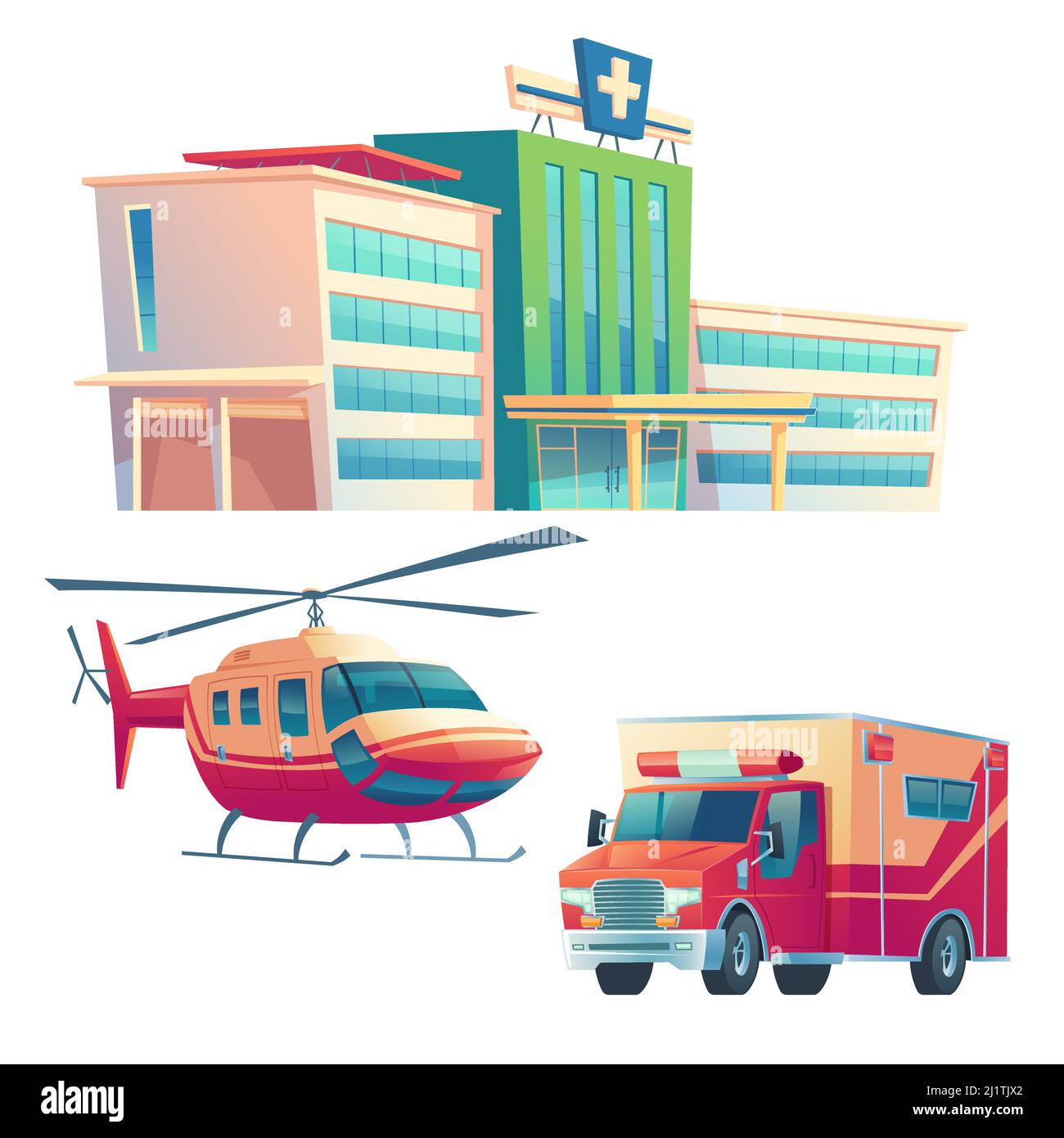 Hospital building, ambulance car and helicopter isolated on white background. Vector cartoon illustration of medical clinic, urgent first aid service, Stock Vector