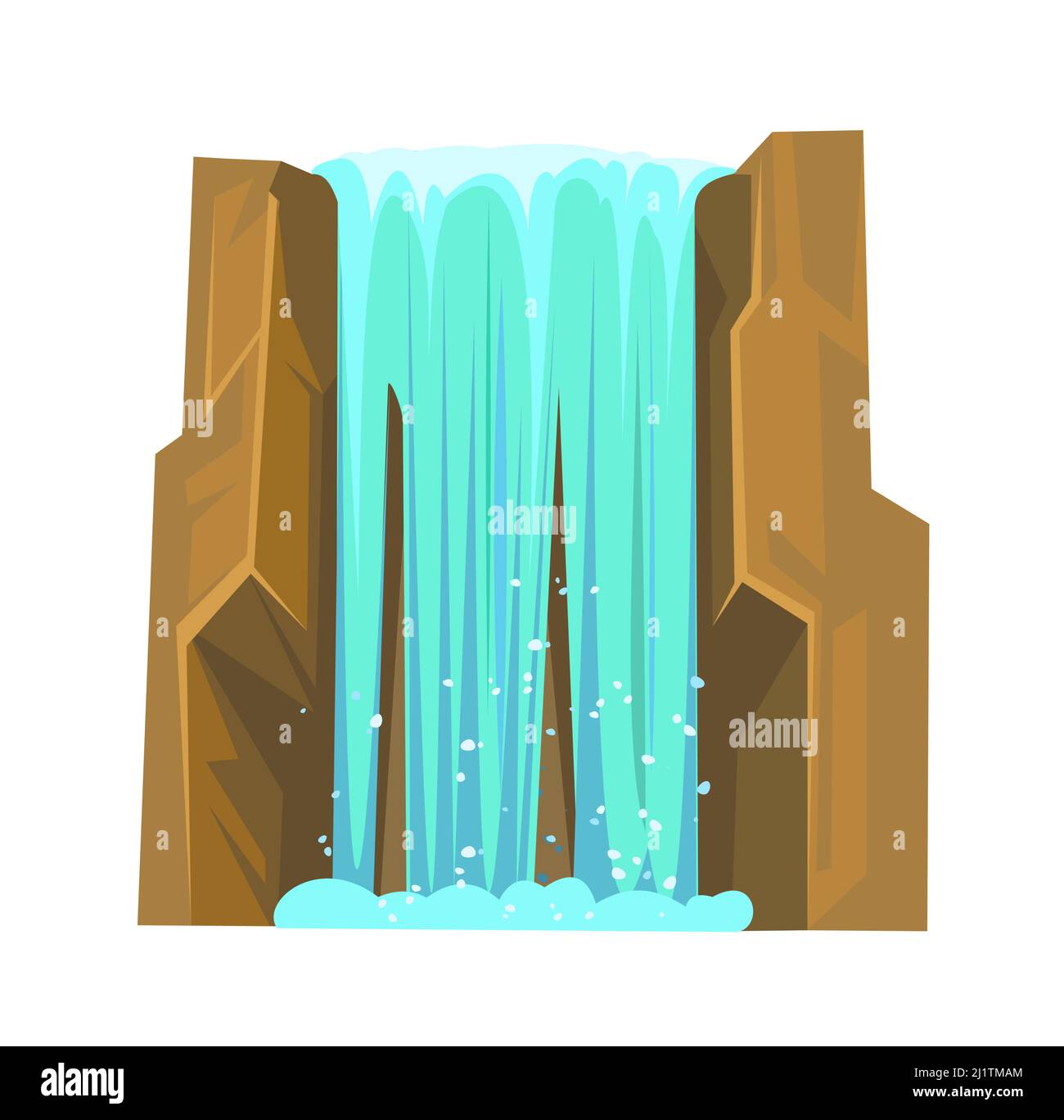 Waterfall among rocks. Cascade shimmers downward. Water flowing. Object isolated on white background. Little spray. Cool cartoon style. Vector. Stock Vector