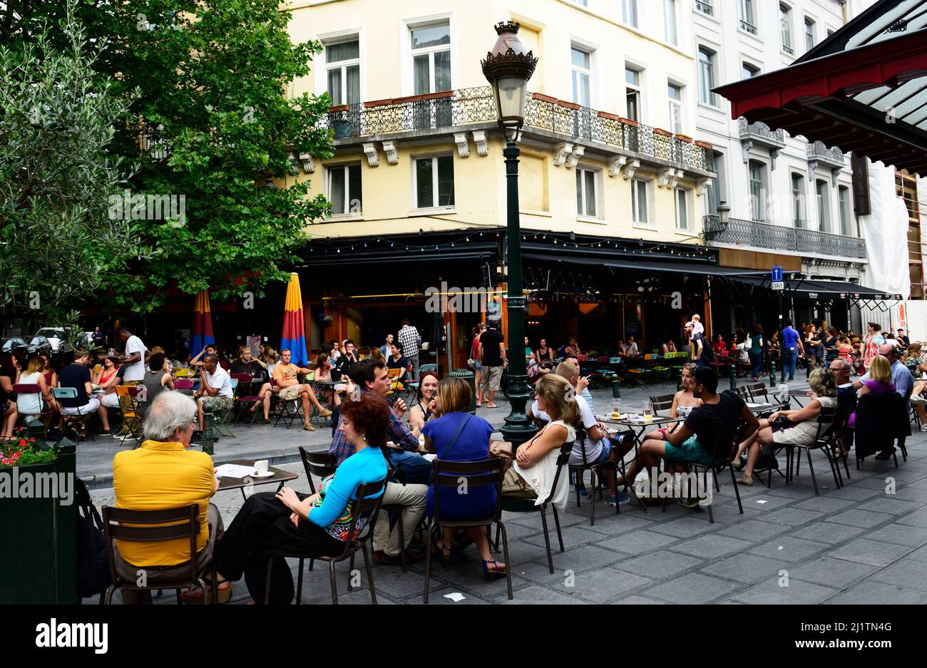 Vibrant bars and restaurants at the Place Saint-Géry in Brussels, Belgium. Stock Photo