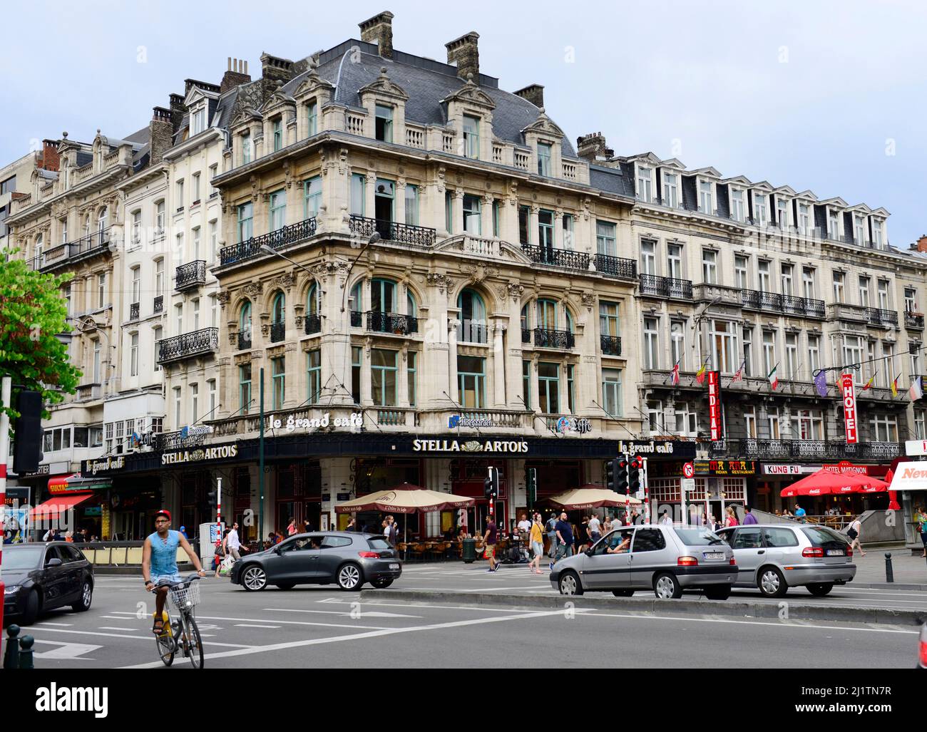 Le Grand Café on the junction of Bd Anspach and Rue de la Bourse in Brussels, Belgium. Stock Photo