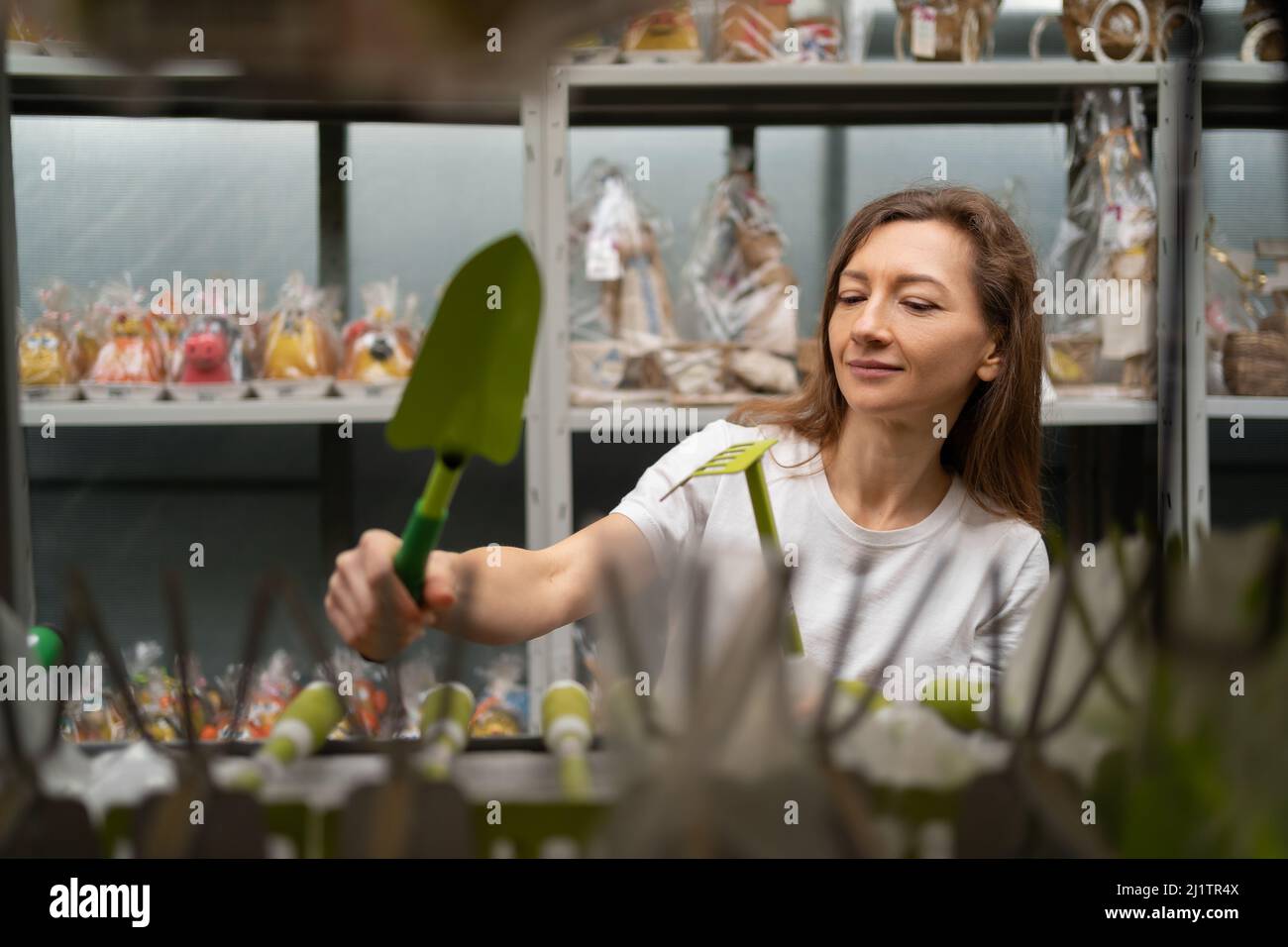 happy young woman in casual clothes chooses gardening tools on a showcase in a supermarket. Holds a shovel and a rake in his hands. Stock Photo
