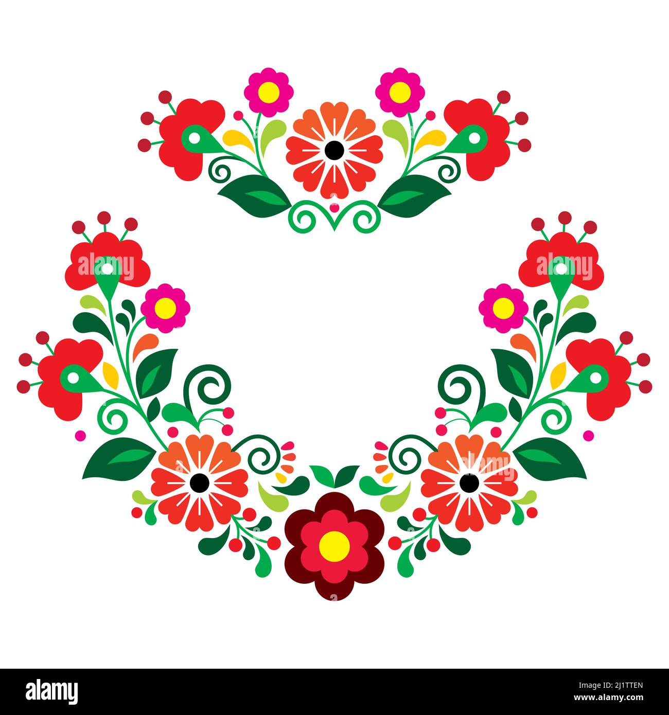 Mexican traditional folk art style vector floral wreath pattern set, design collection with red, pink and orange flowers inspired by traditional embro Stock Vector