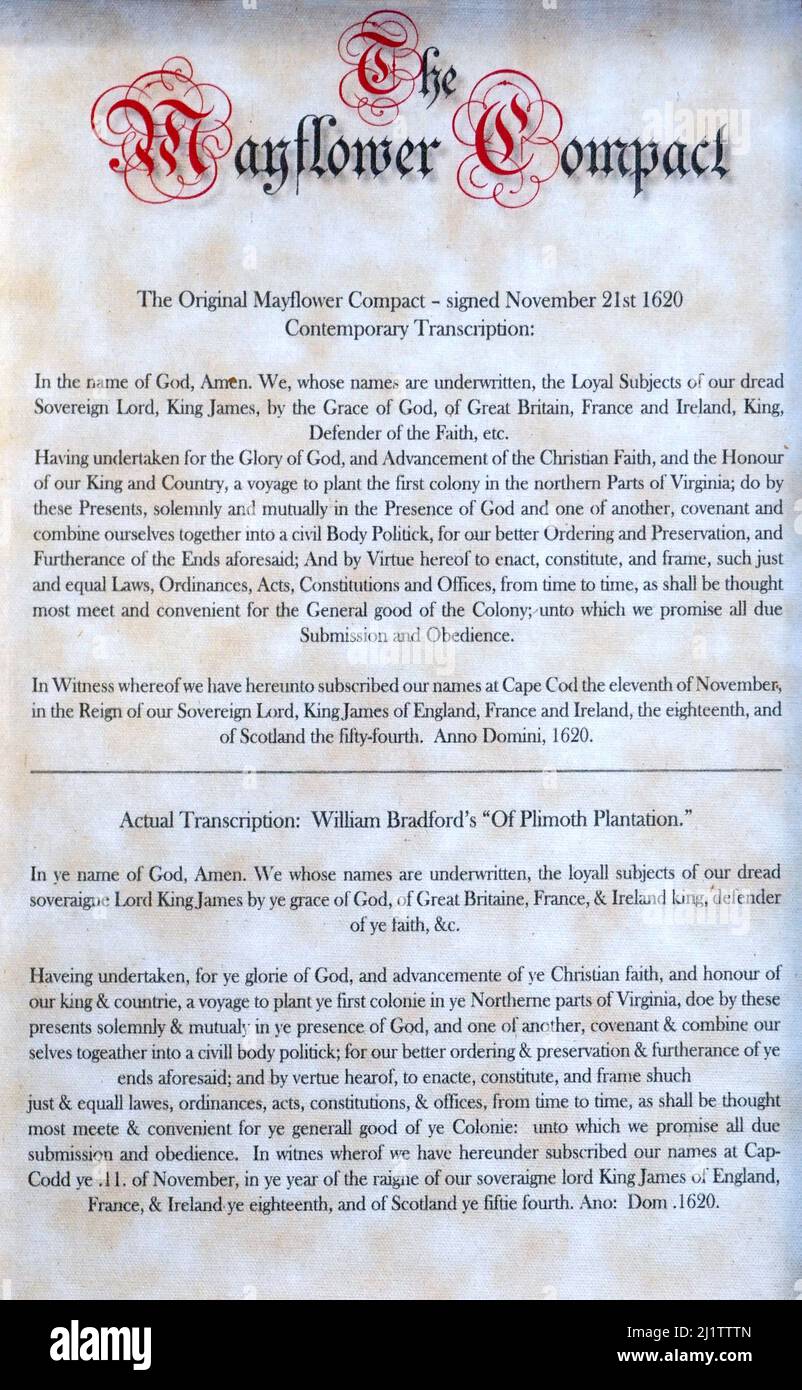 The Mayflower Compact,Agreement Between the Settlers of New Plymouth.The first governing document of Plymouth Colony.Written by the male passengers of the Mayflower,consisting of separatist Puritans, adventurers,and tradesmen,fleeing from religious persecution by King James I of England.Signed aboard ship on November 21,1620. Stock Photo