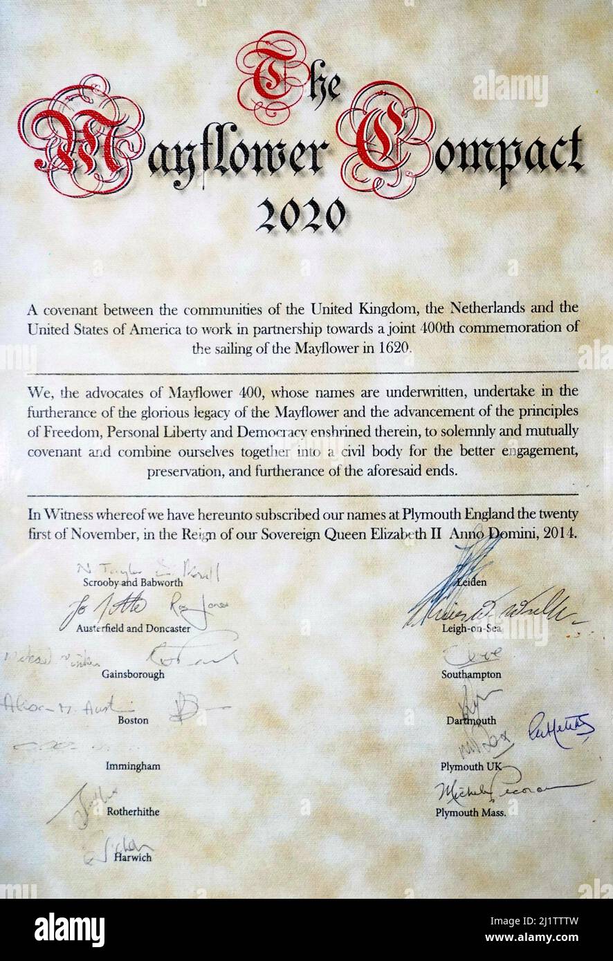 The Mayflower Compact 2020.A convenant between the communities of the United Kingdom,the Netherlands and the United States of America to work in partnership towards a joint 400th commenmoration of the sailing of the Mayflower in 1620. Stock Photo