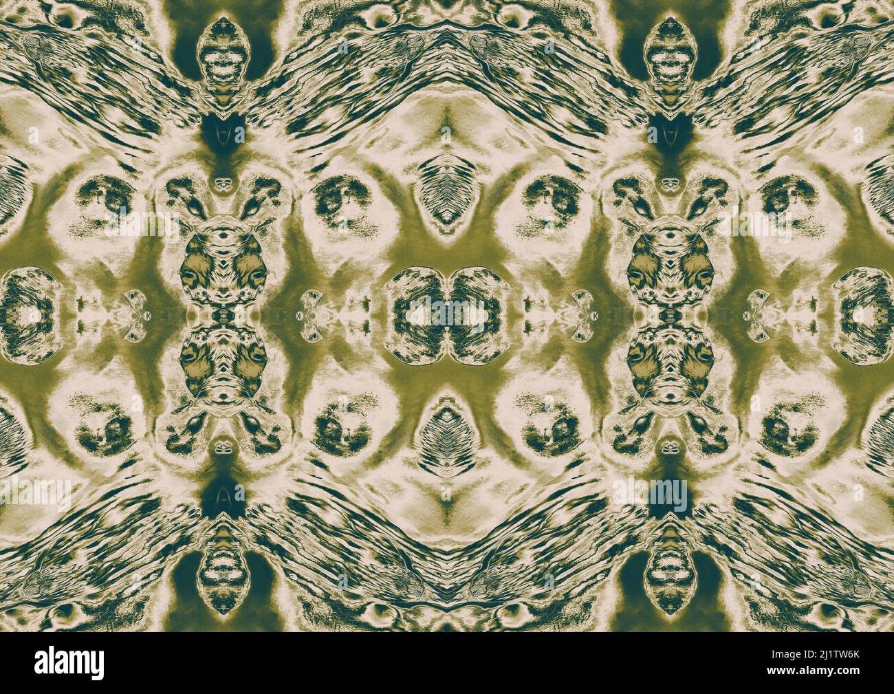 Abstract psychedelic symmetrical green and yellow watercolor fantasy background. Stock Photo