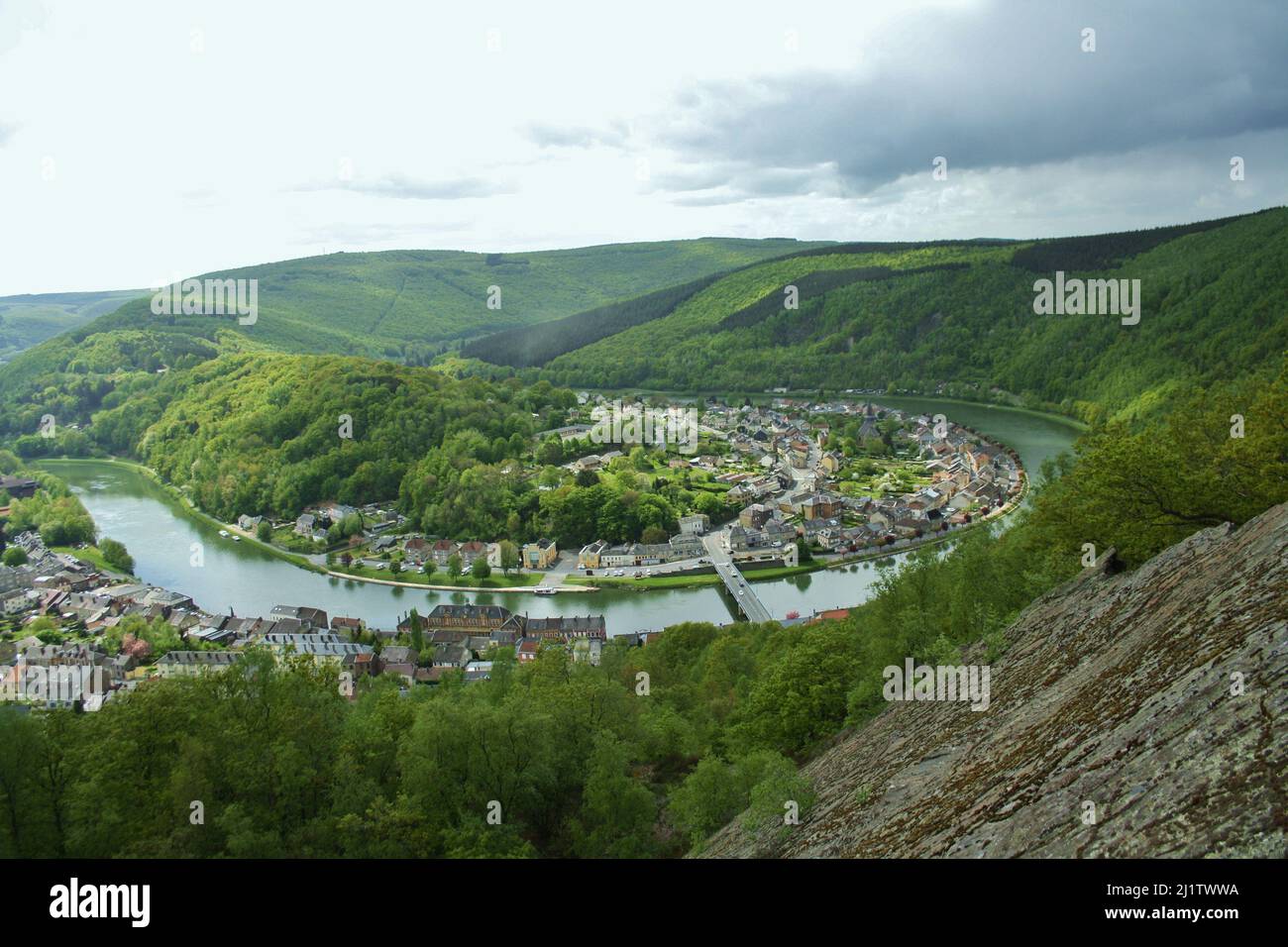 Panoramic view on green hills, french village, Meuse river meandering, from La roche a Sept-Heures, Monthermé, Ardennes, France Stock Photo