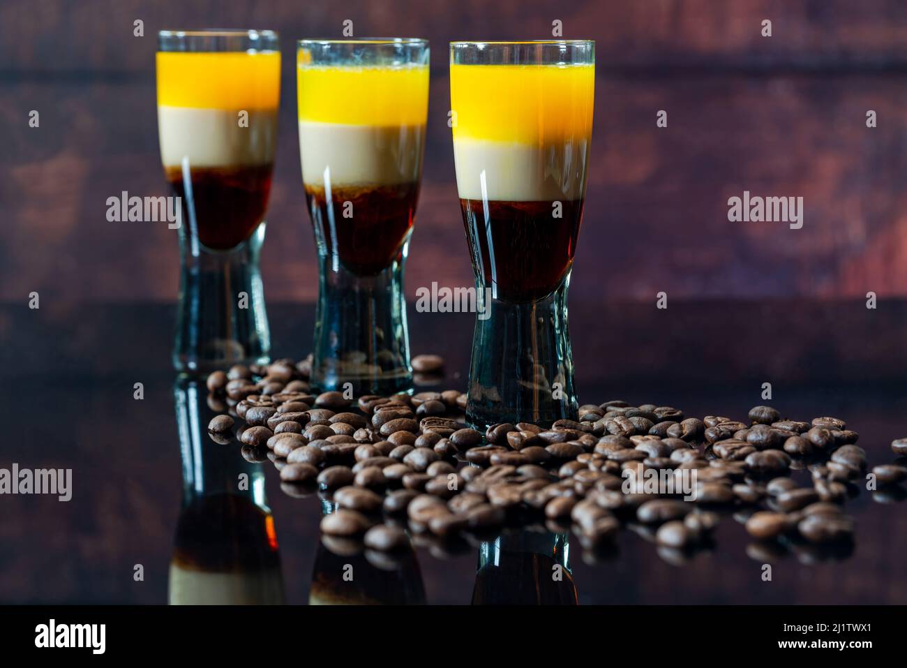 B-52 cocktail - layered shot composed of coffee liqueur, Irish cream and orange liqueur Stock Photo