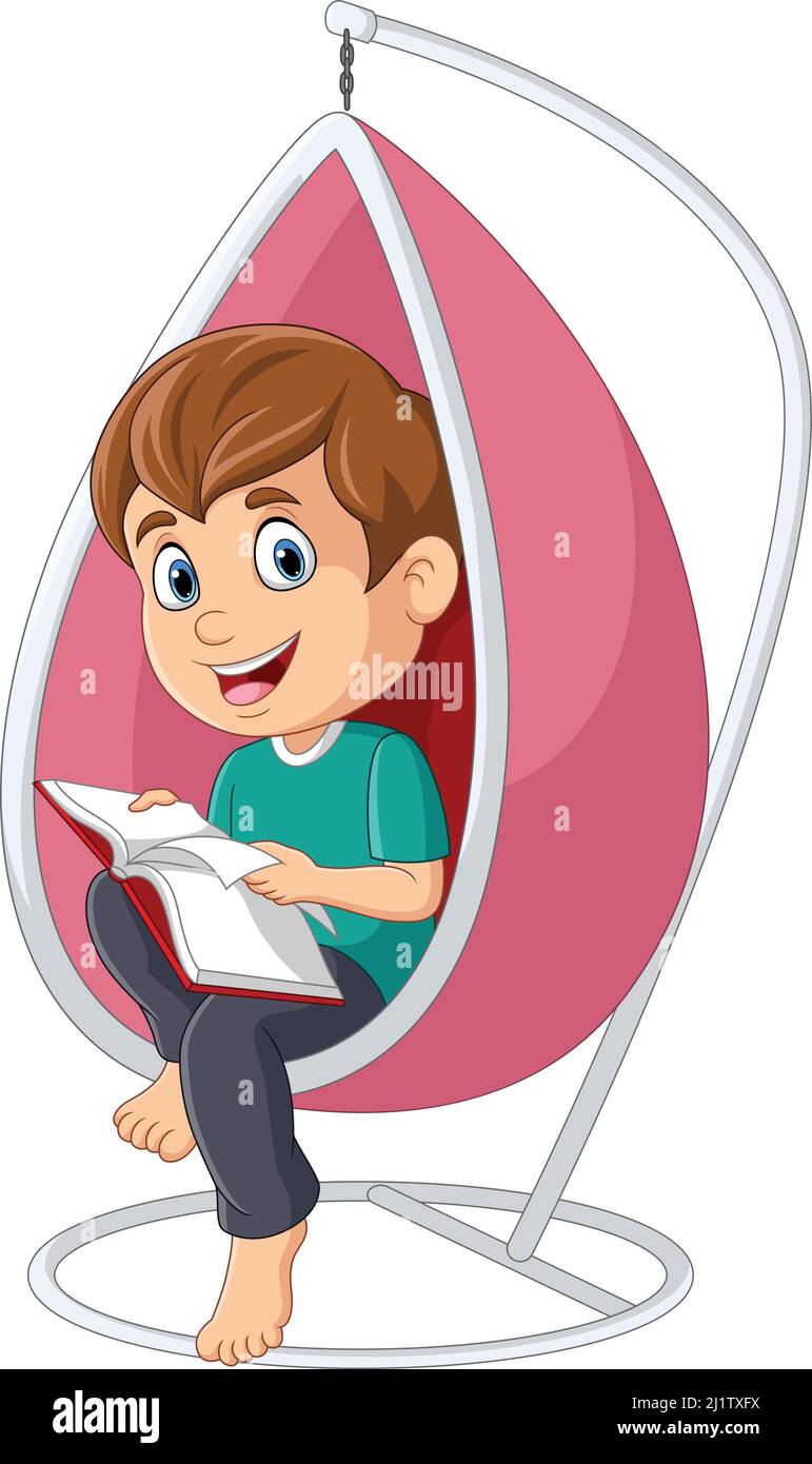 Little boy reading a book in hanging chair Stock Vector