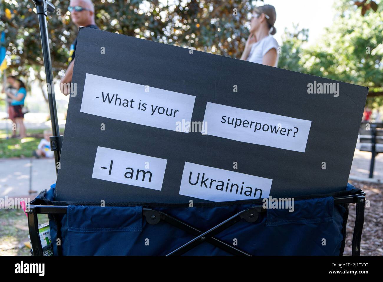 Orlando, Florida, USA. 24th Mar, 2022. A sign seen during a pro Ukraine rally in downtown Orlando. Russia invaded Ukraine on 24 February 2022, triggering the largest military attack in Europe since the World War II. Up to 10 million Ukrainians have fled their homes, either leaving the country or moving to safer areas within Ukraine.Some 3 million refugees are thought to have crossed the borders into neighboring countries. (Credit Image: © Ronen Tivony/SOPA Images via ZUMA Press Wire) Stock Photo