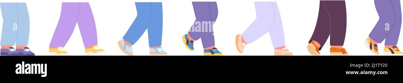 Leg in sport shoes. Diverse legs staying, running going. Isolated flat motion elements. Fashion different sneakers, sporty lifestyle vector set Stock Vector