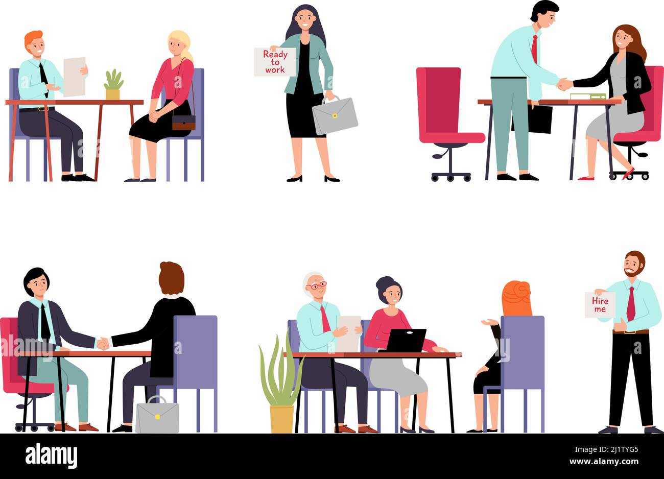 Hr employer interview. Employee characters need job, work searching woman and wan. Isolated boss interviewing workers, recruit office decent vector Stock Vector