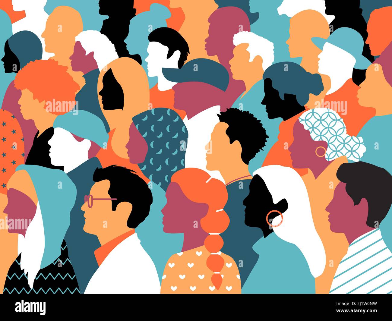 Ethnic group of people profiles illustration. Many faces o people of all races, divers people profile view of men and women, many races, ages. Vector. Stock Vector