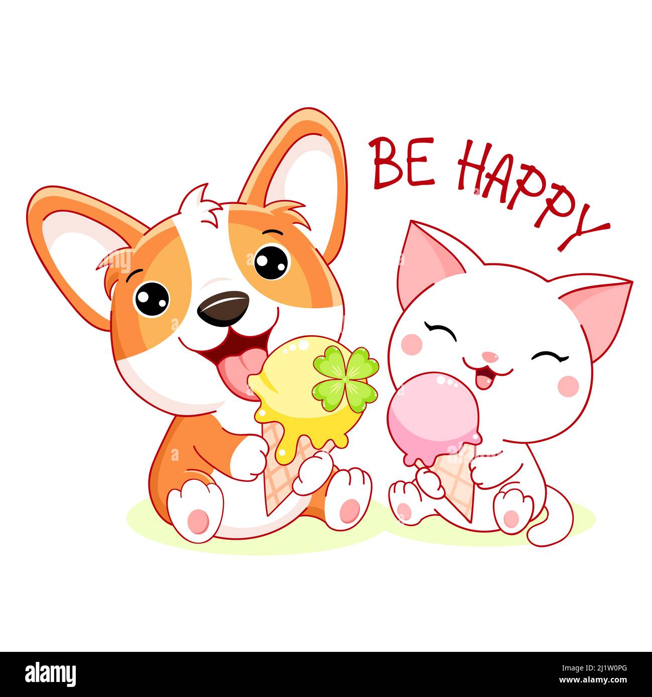 Cute summer card in kawaii style. Little friends - corgi puppy and kitty with ice cream. Inscription Be happy. Can be used for t-shirt print, stickers Stock Vector