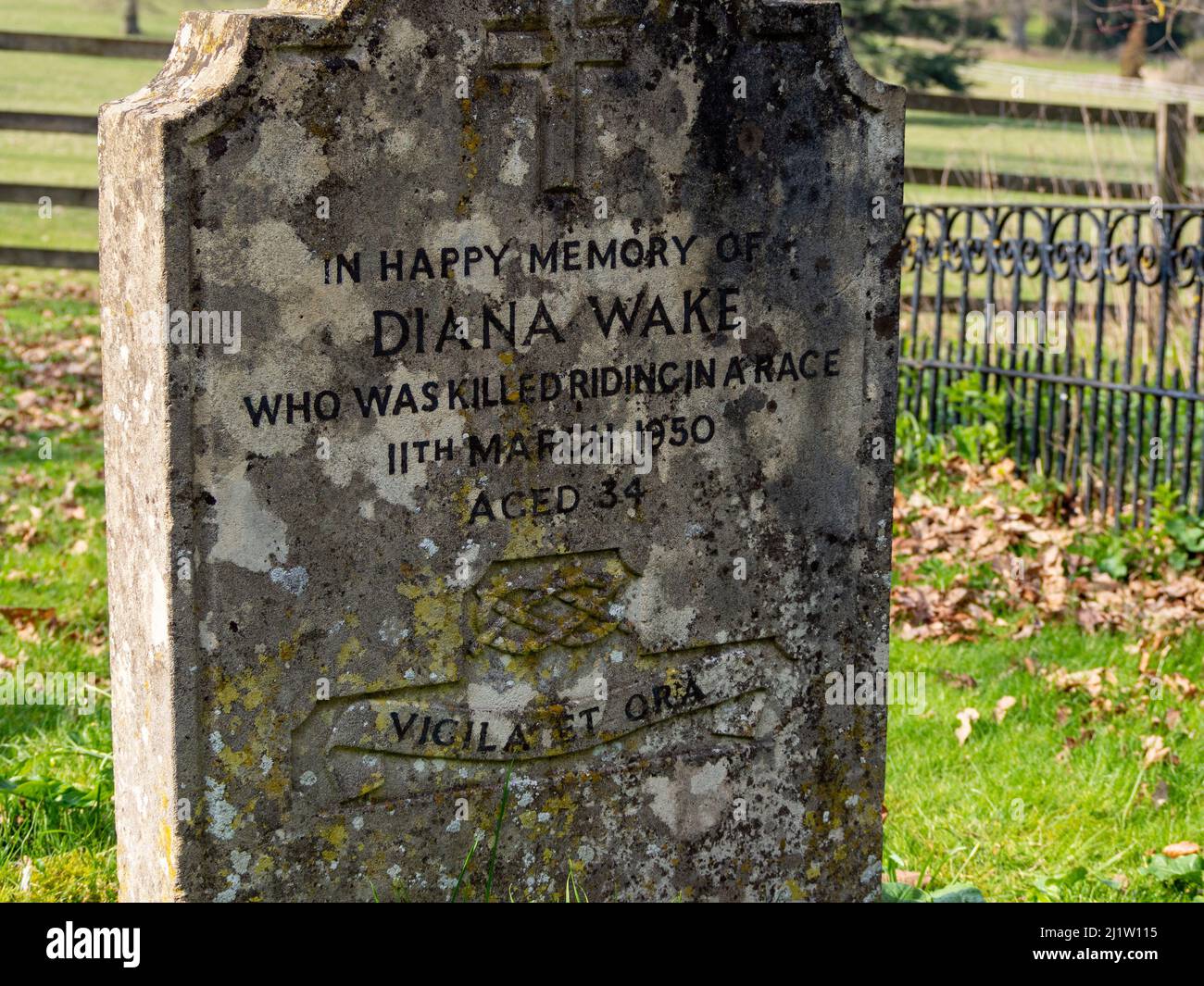 Headstone to Diana Wake, killed riding in a race, the church of St Peter and St Paul, Courteenhall, Northamptonshire, UK Stock Photo