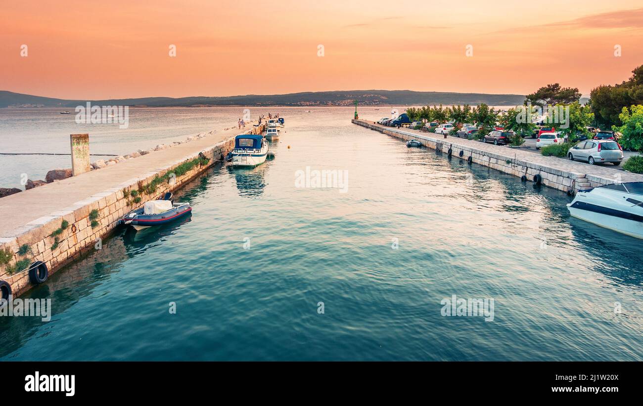 Dubracina river estuary into Adriatic sea in town of Crikvenica, Croatia. Late august afternoon scenery. Stock Photo