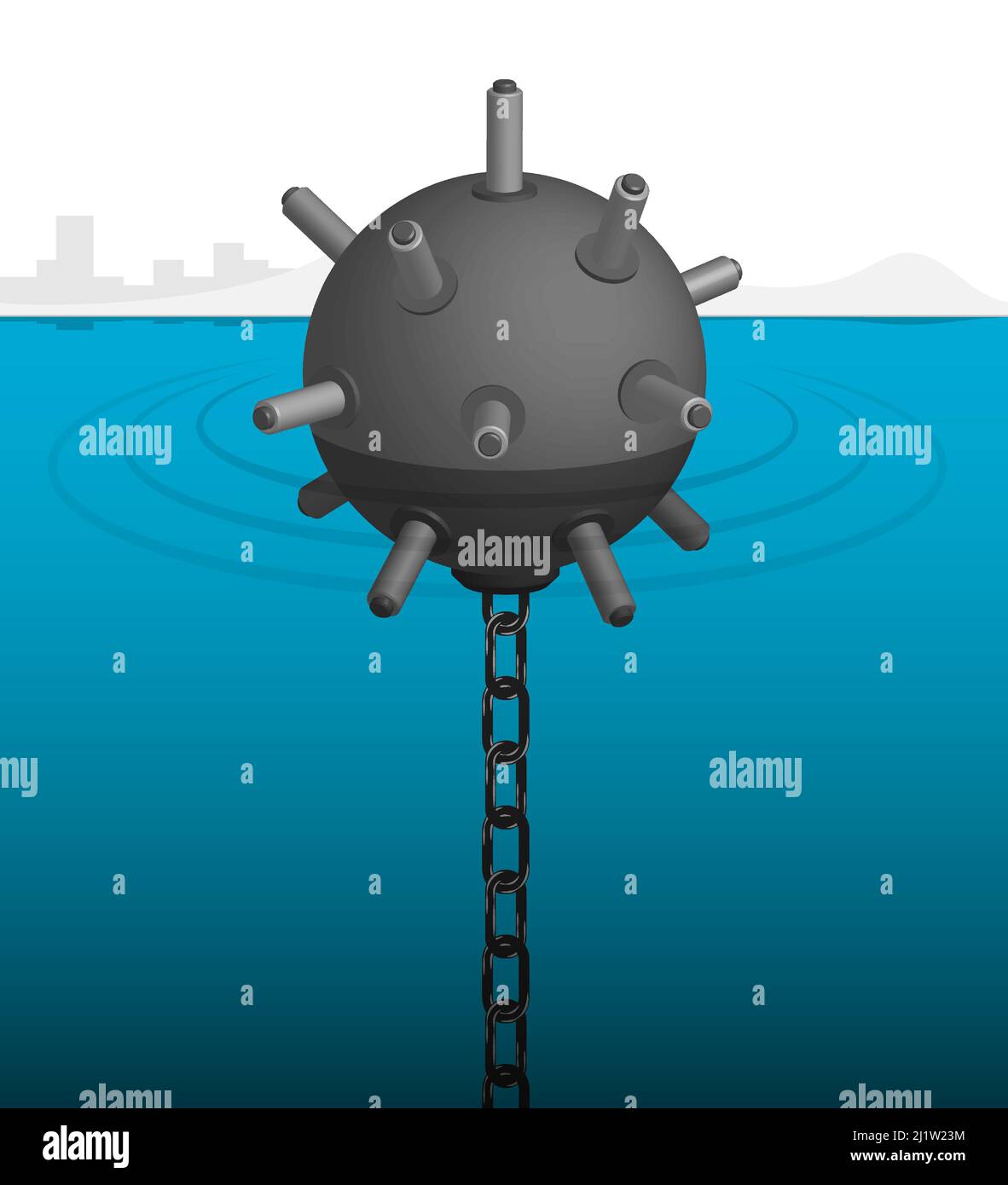 Realistic combat naval anti submarine mine in the sea. Fight against enemy ships. 3d vector illustration Stock Vector