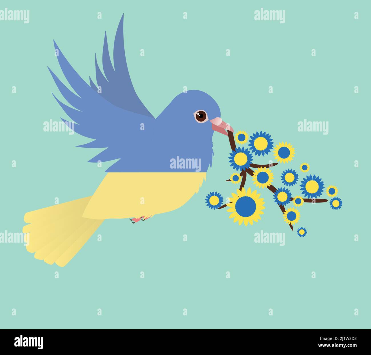 A dove of peace in the Ukraine flag colors. The bird is holding a branch with blue and yellow sunflowers The background is a green shade. Stock Vector