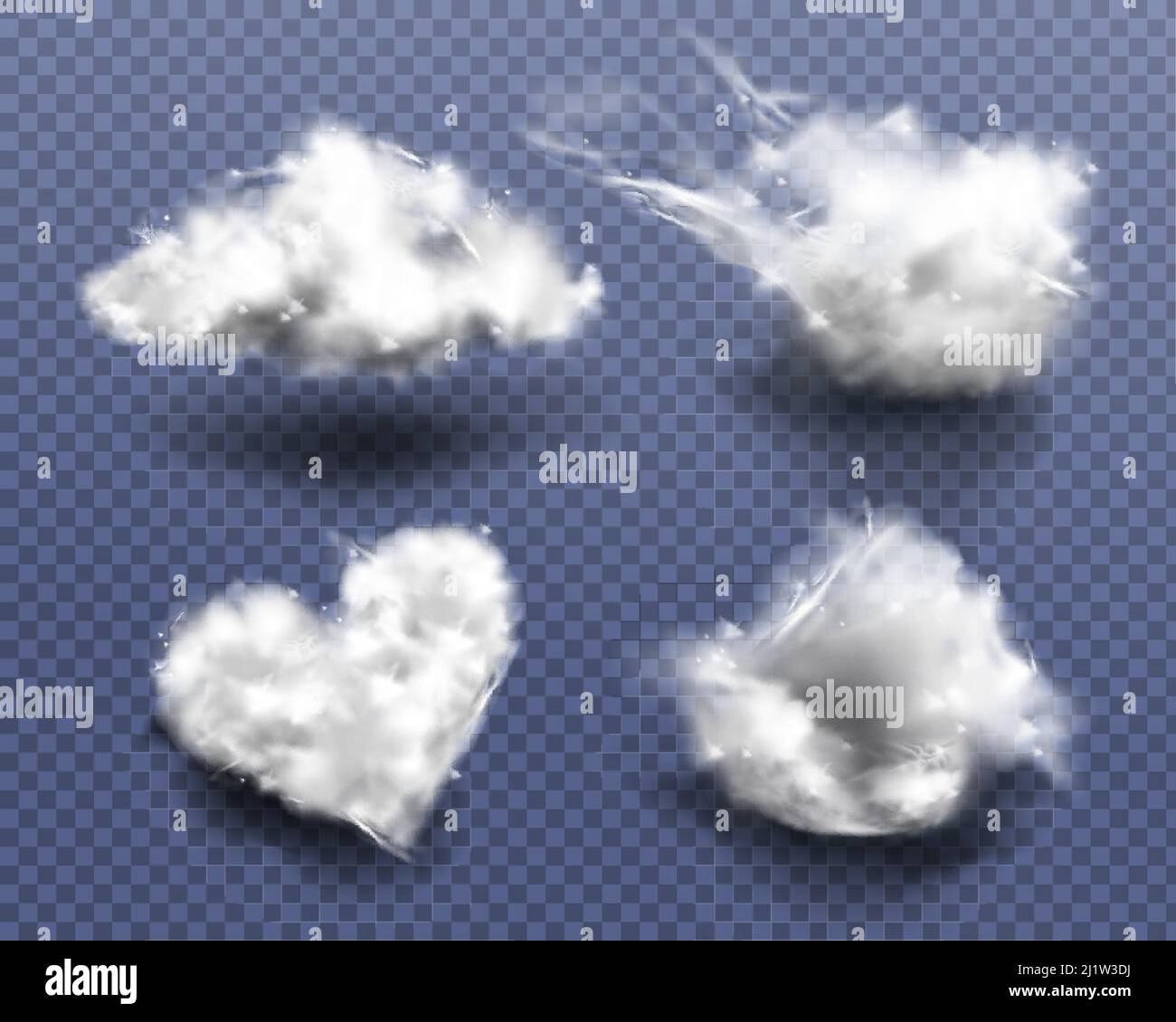 Cotton wool pieces in shape of cloud and heart isolated on transparent background. Vector realistic set of soft balls of wool fiber or white fur, medi Stock Vector