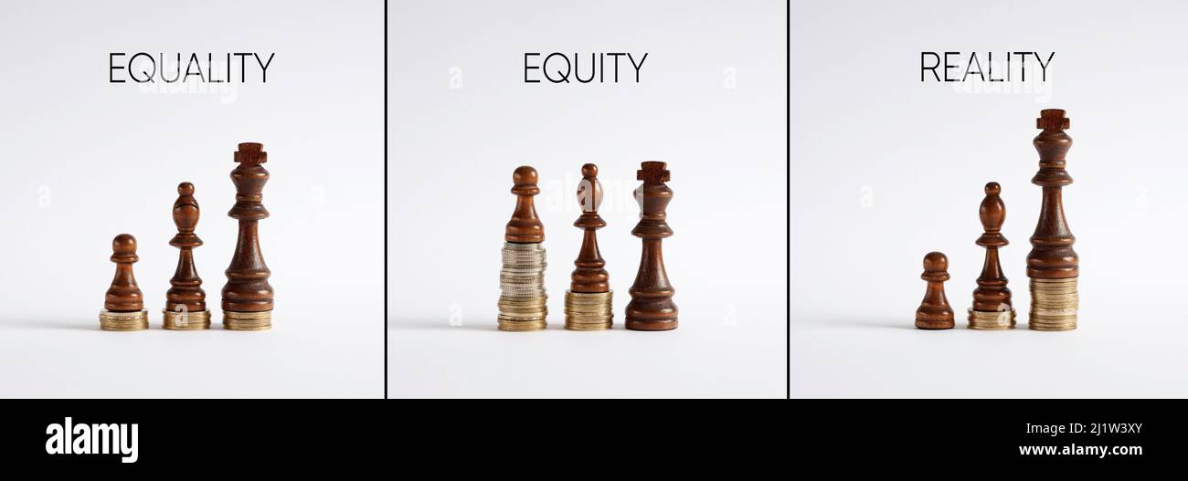 Chess pieces differences with coins showing the concepts of equality, equity and reality. Stock Photo