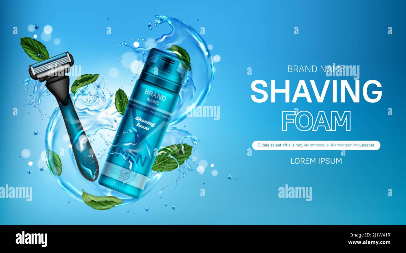 Shaving foam and safety razor blade on water splash with mint leaves