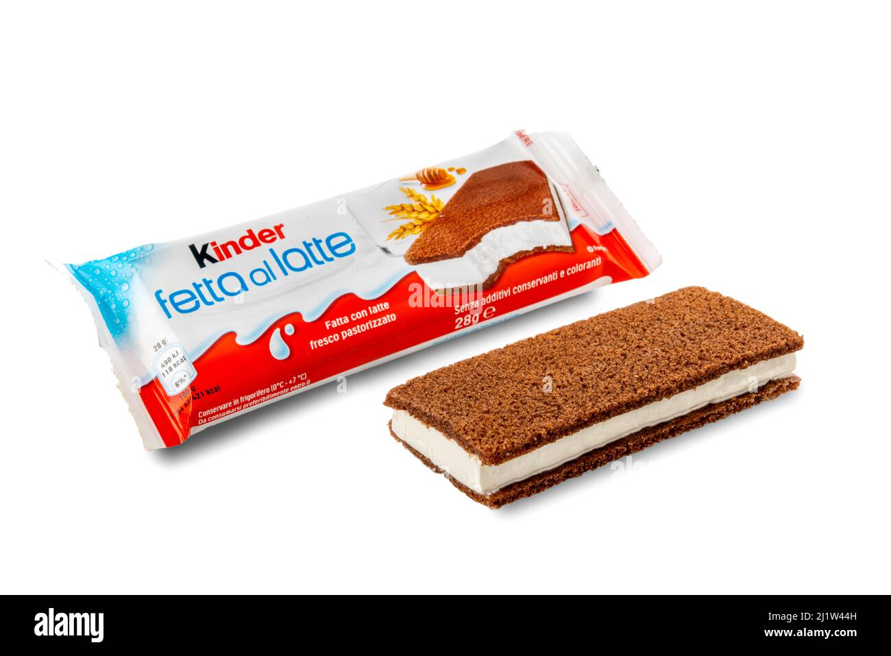 Alba, Italy - March 28, 2022: package of Kinder fetta al latte Ferrero,  snack sponge cake filled with creamy milk and honey, produced by Ferrero  impo Stock Photo - Alamy