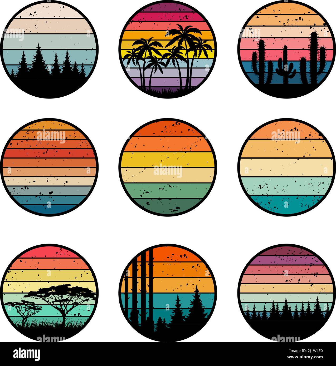 Sunset retro badges. 90s vintage stylized colored gradients templates for labels design grunge surfing ocean logos recent vector vector collection set Stock Vector