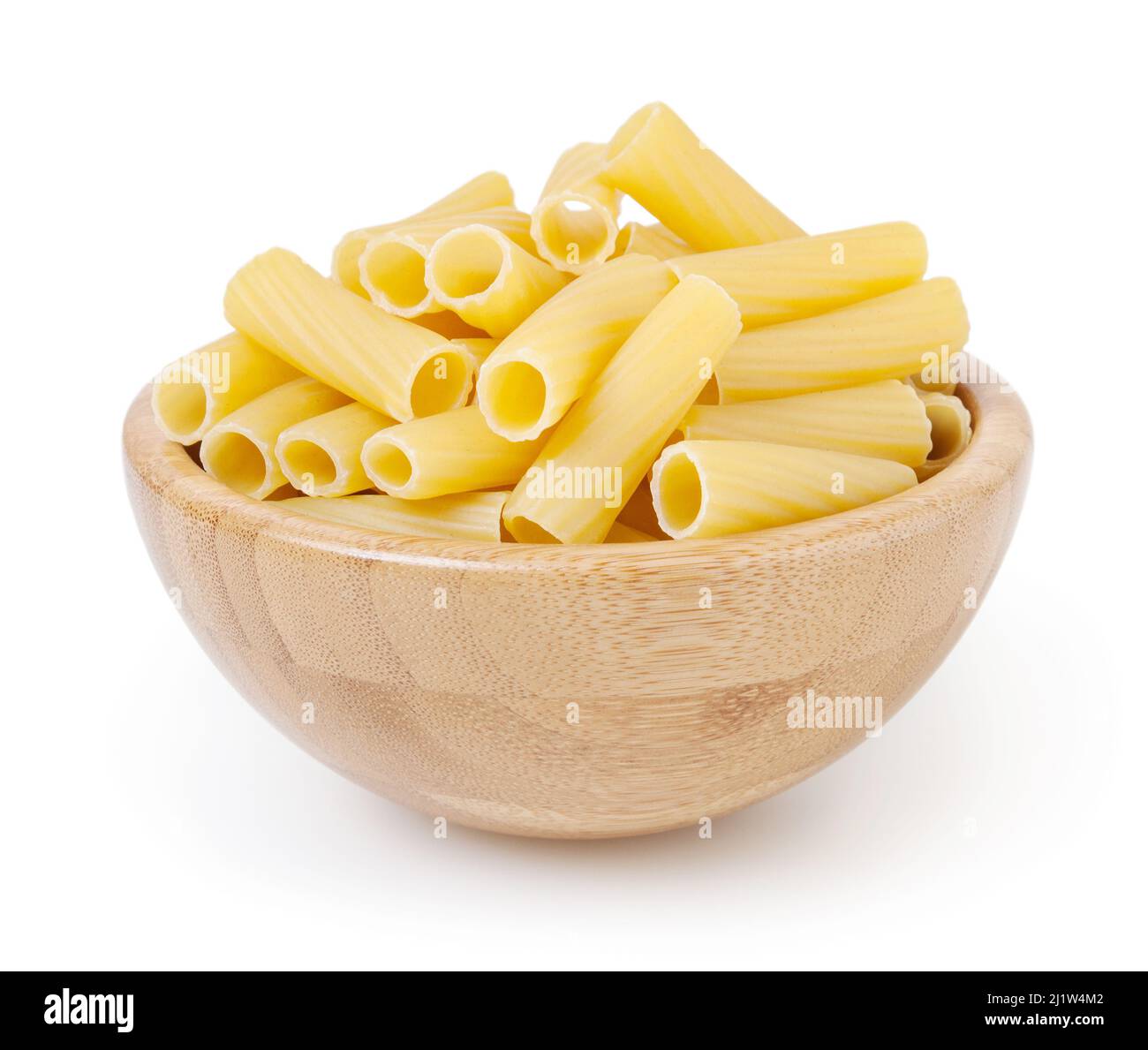 Rigatoni pasta in wooden bowl isolated on white background with clipping path Stock Photo