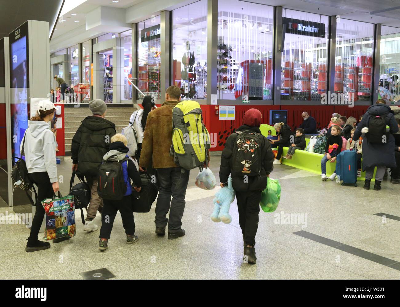 Cracow. Krakow. Poland. Ukrainian refugees, most of them women and children at main railway station. Stock Photo