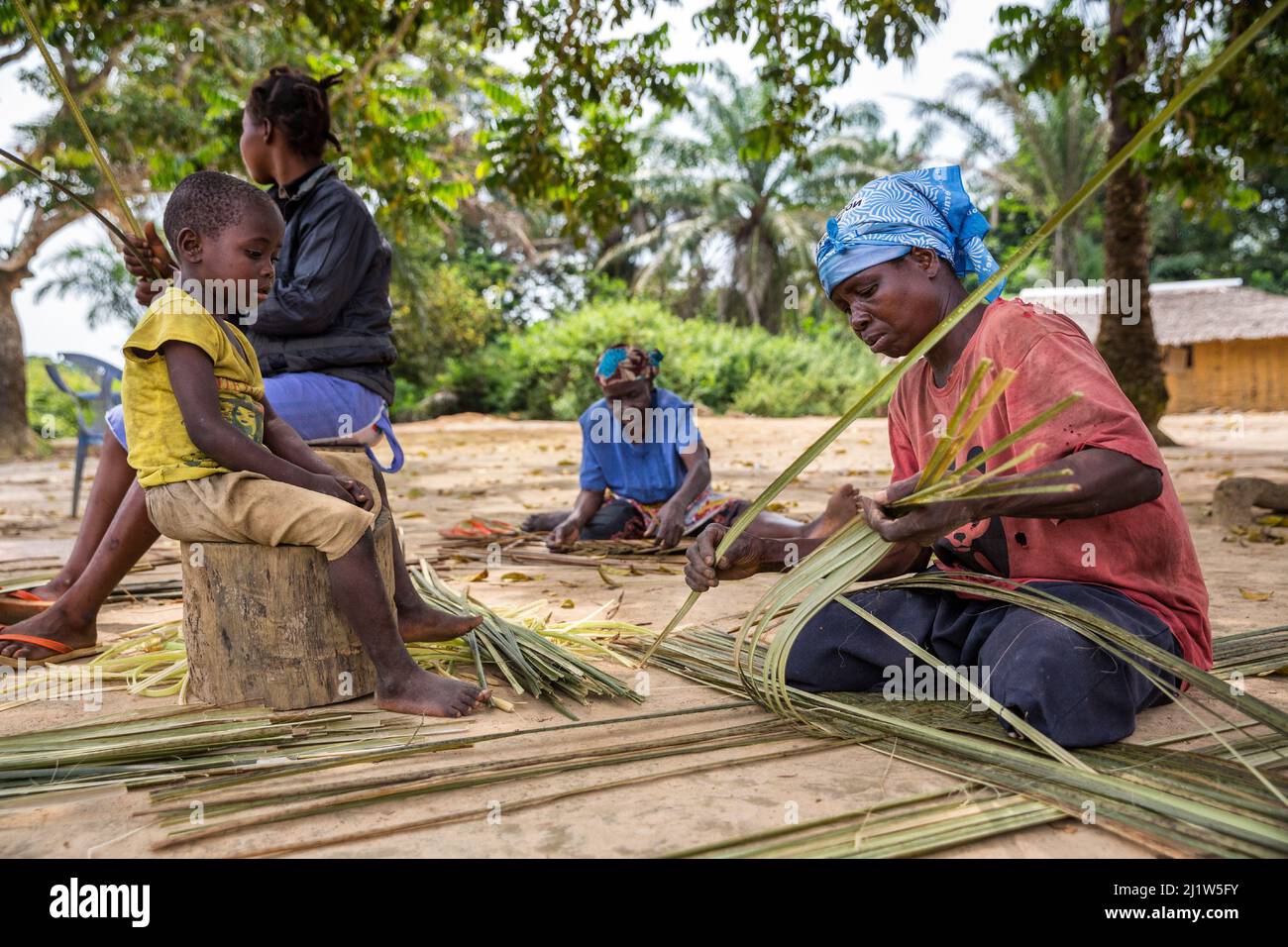 Local women weaving plants nto mats to later use or sell at markets. Democratic Republic of the Congo. Stock Photo