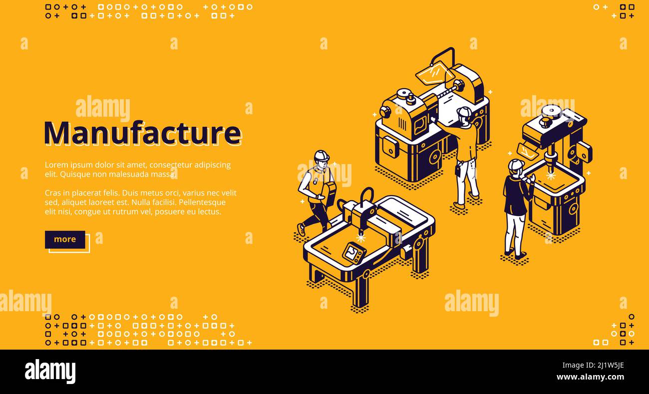 Manufacture isometric landing page. Industrial stuff production on modern plant. Workers in robe on factory manufacturing process with lathe, welding Stock Vector