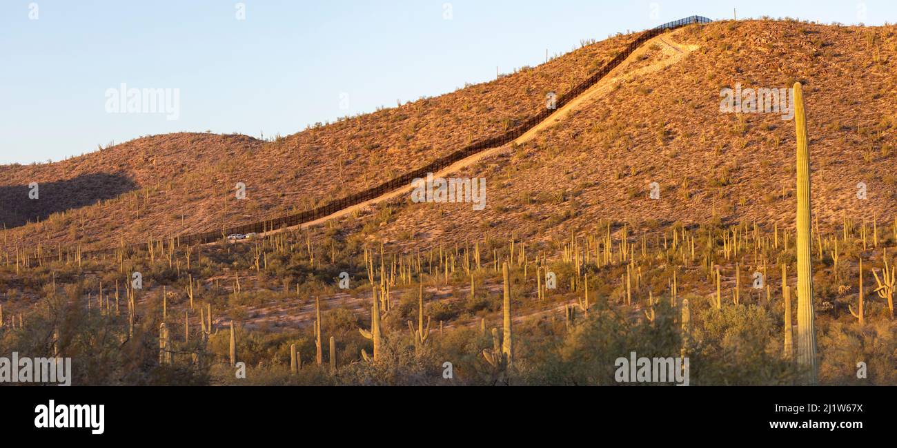 Border wall between United States and Mexico through Sonoran Desert with Saguaro (Carnegiea gigantea) cacti, in morning light. Organ Pipe Cactus Natio Stock Photo