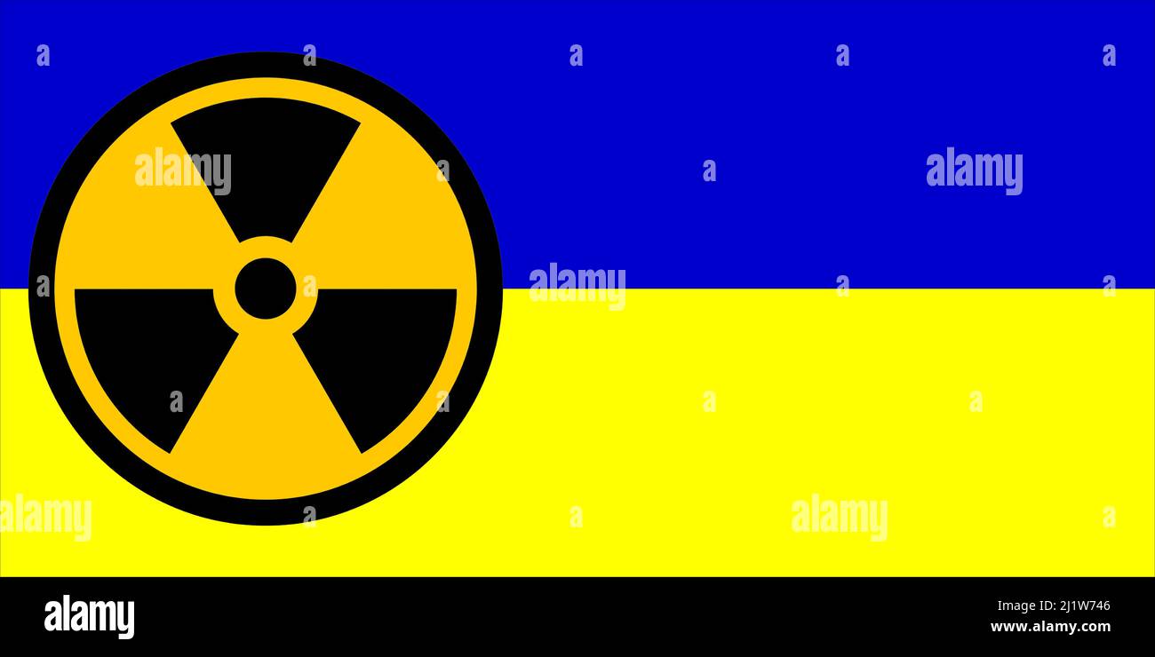 Ukraine. Nuclear weapons. Ukrainian flag with chemical weapons symbol. Illustration of the flag of Ukraine. Horizontal design. Abstract design. Stock Photo