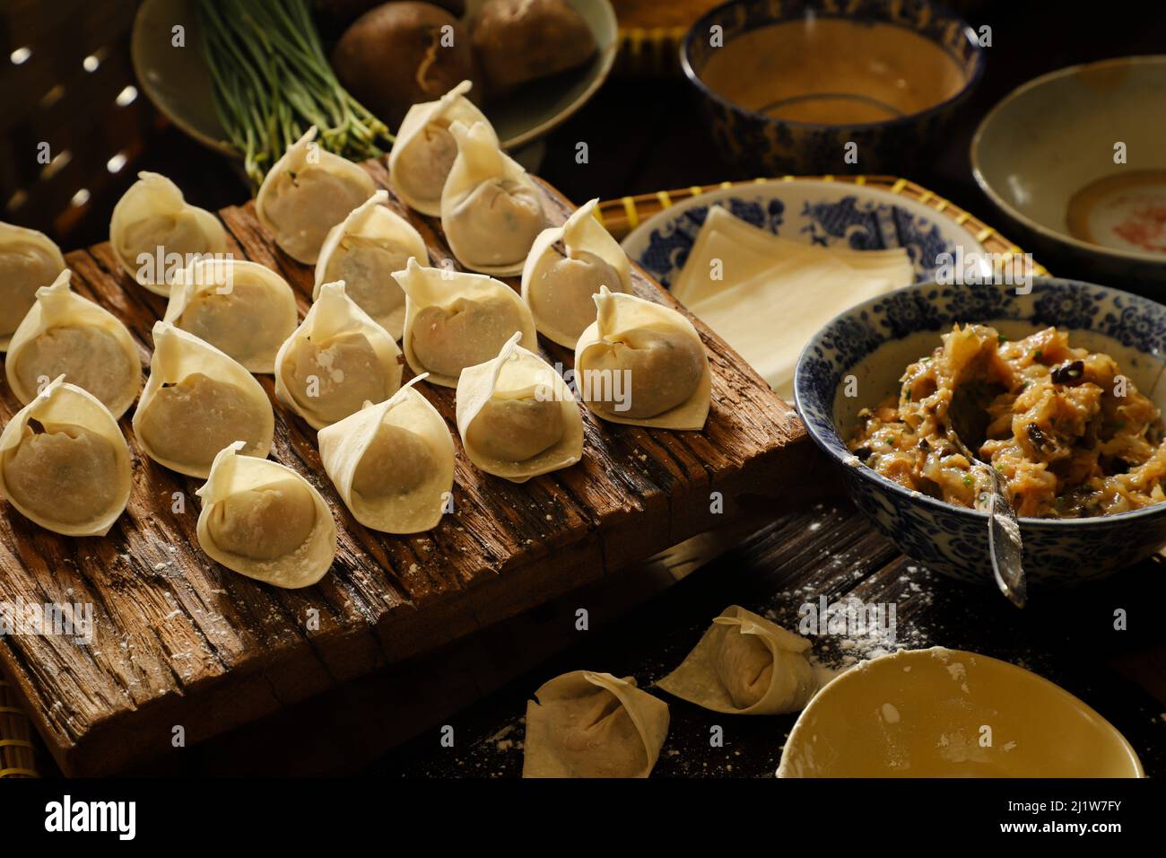Freshly Made Wontons on Kitchen Countertop Stock Photo