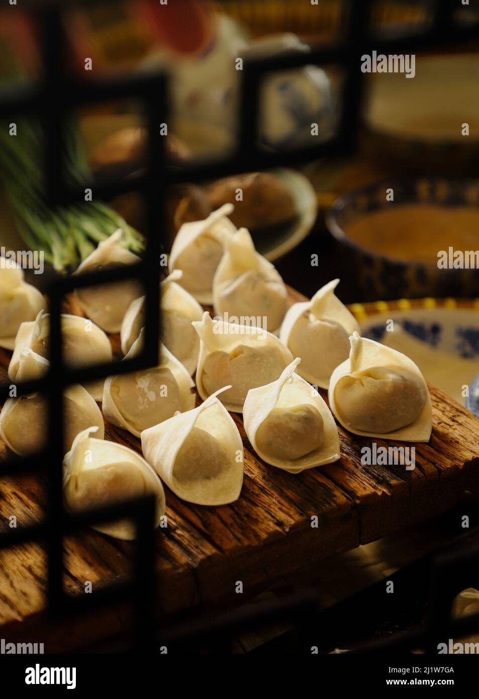 Freshly Made Wontons on Kitchen Countertop Stock Photo