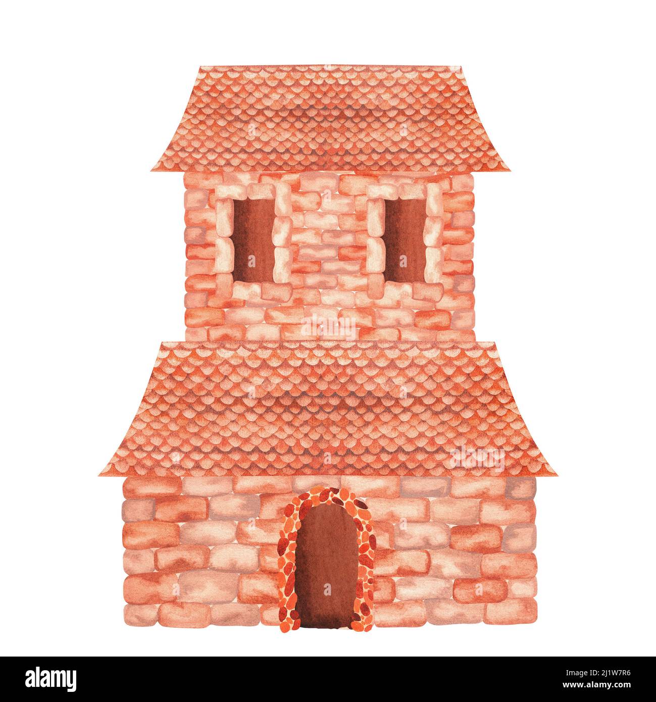 Brick castle. Watercolor illustration. Isolated on a white background. For your design of children's clothing, nursery interior items, stationery Stock Photo