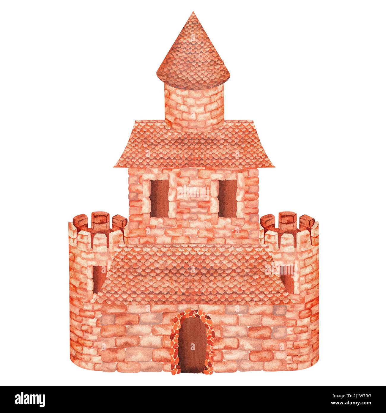 Brick castle with an observation tower. Watercolor illustration. Isolated on a white background. For your design of nursery interior items, stationery Stock Photo