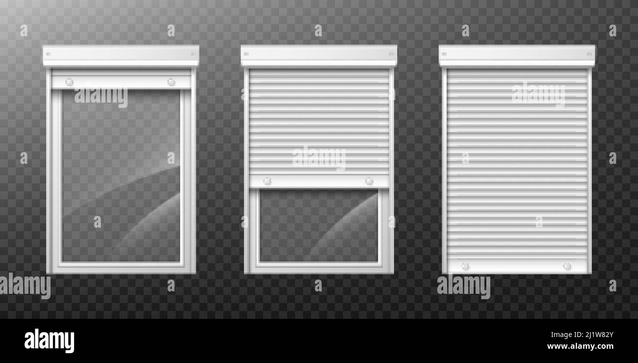 Window with roller shutter up and close. Plastic pvc casement blinds. Opened and shut front view. Home facade design elements isolated on transparent Stock Vector