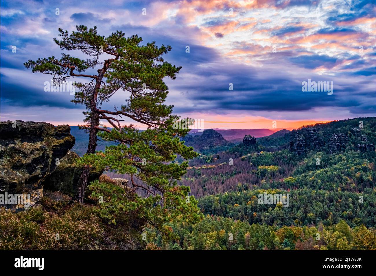 Landscape with rock formations and the summit Winterstein in Zschand area of the Saxon Switzerland National Park at sunrise. Stock Photo
