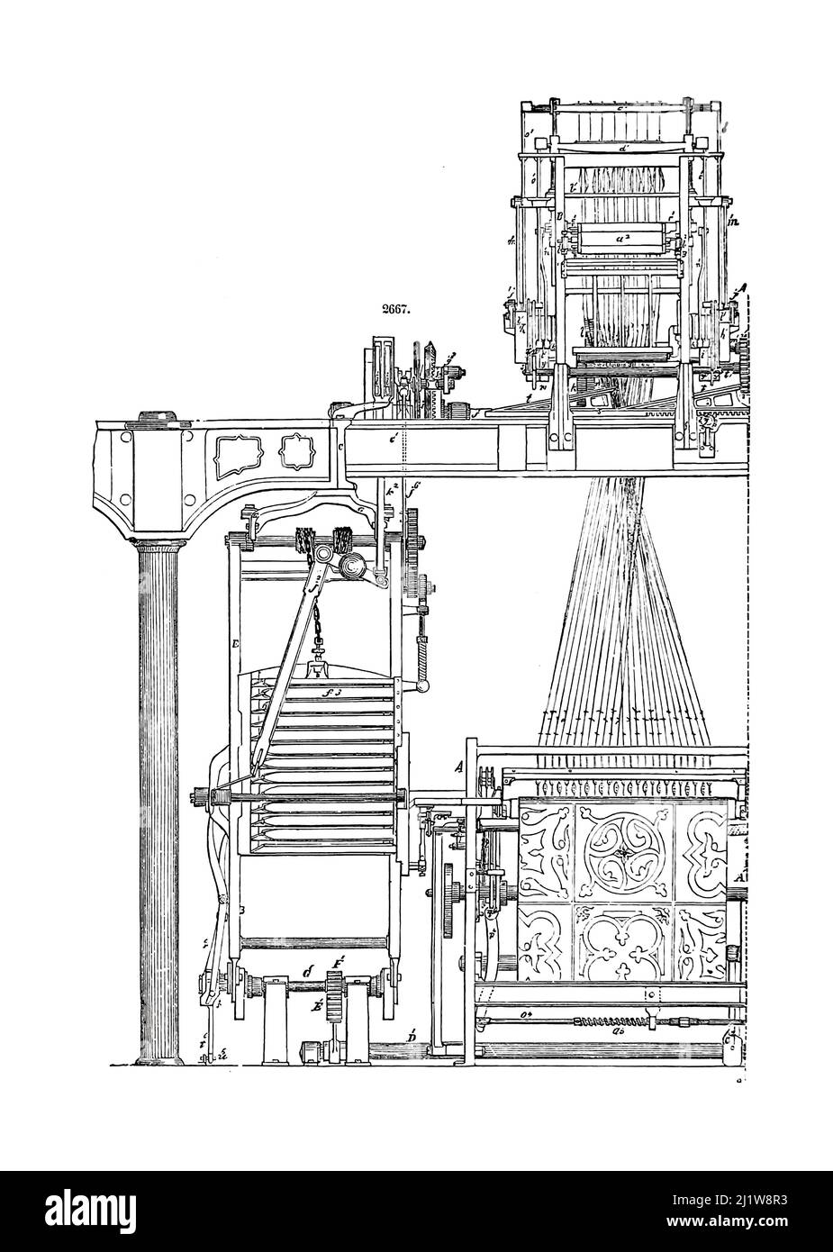 Mechanical Loom from Appleton's dictionary of machines, mechanics, engine-work, and engineering : illustrated with four thousand engravings on wood ; in two volumes by D. Appleton and Company Published New York : D. Appleton and Co 1873 Stock Photo